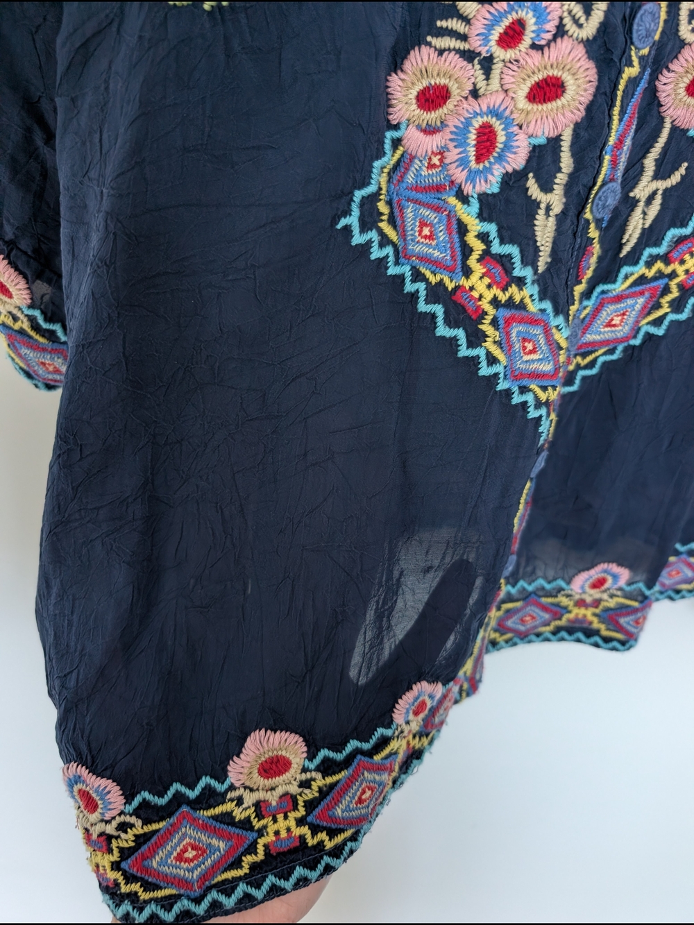 Johnny Was Blouse Women Blue Sz S Tuscany Night Embroidered Oversized Button-Up - Picture 7 of 12